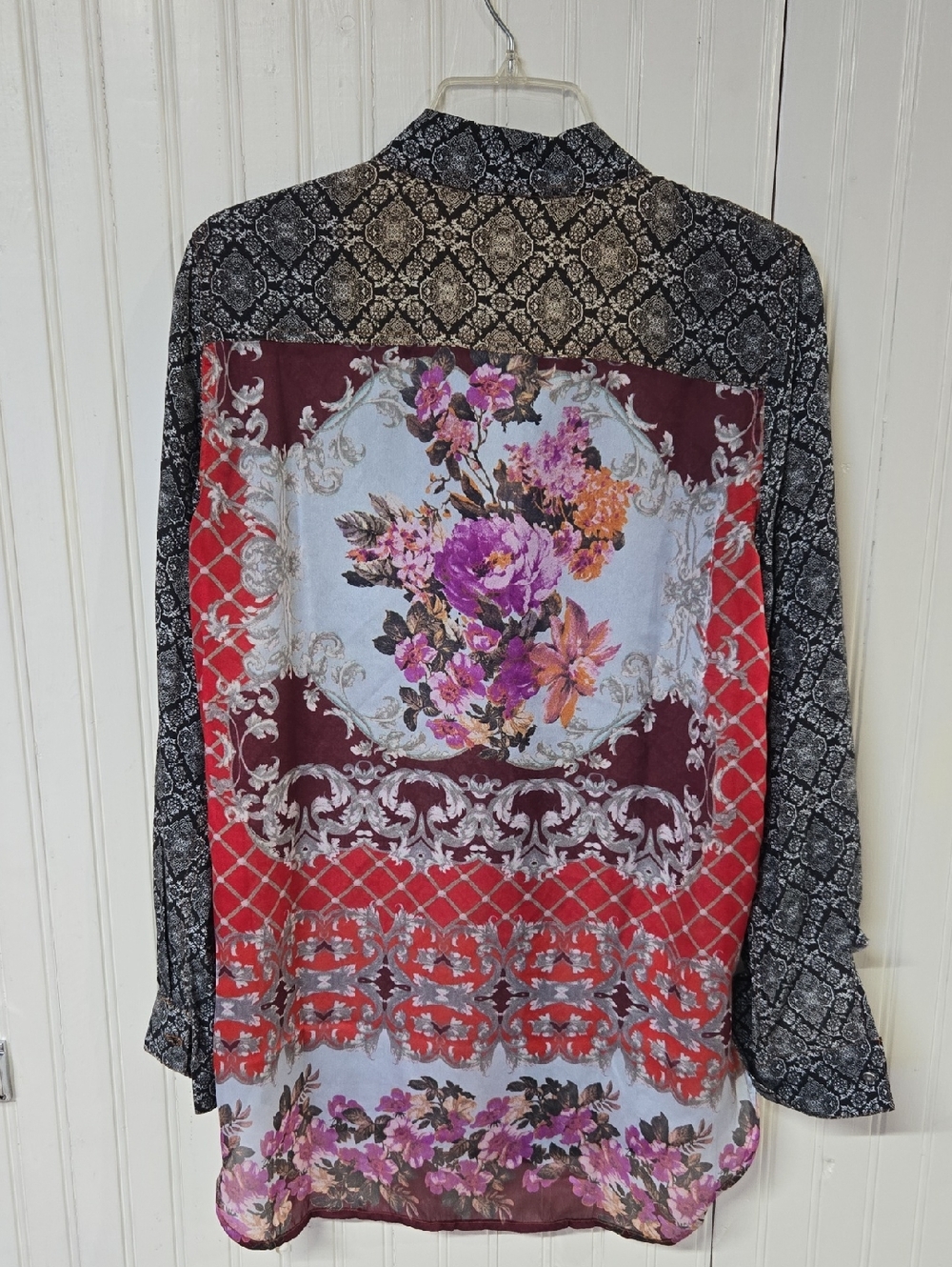 Women's Long-Sleeve Button-Down Floral Patchwork Shirt - Burgundy Multi